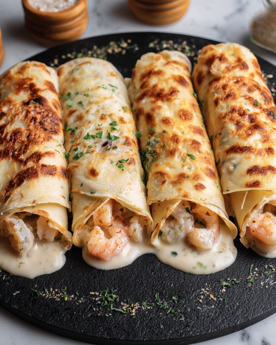 Four rolled tortillas are placed side by side on a round dark stone plate with a white marbled tabletop underneath. Each tortilla is filled with creamy sauce and small pieces of light golden-brown fried shrimp visible at the open ends. The first two tortillas have a pale melted cheese layer on top with light brown toasted spots and small sprinklings of fresh chopped green herbs. The third and fourth tortillas are more deeply browned, with golden crispy grilled cheese covering the tops, showing a crunchy texture. The tortillas are white with light brown toasted dots, and slight sauce drips are visible near the edges. photo taken with an iphone --ar 4:5 --v 7