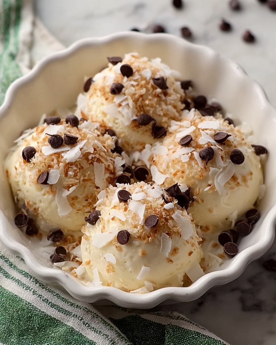 This image shows four soft, creamy white dollops of a pudding-like dessert arranged in a white ceramic dish. Each dollop is topped with a layer of light brown crumbly texture, likely crushed cookies or brown sugar, and sprinkled with small white coconut flakes. Scattered on top and between the dollops are several dark brown, smooth chocolate chips, creating small pointed shapes that contrast with the soft base. The dish rests on a white marbled surface with a green-striped cloth underneath. photo taken with an iphone --ar 4:5 --v 7