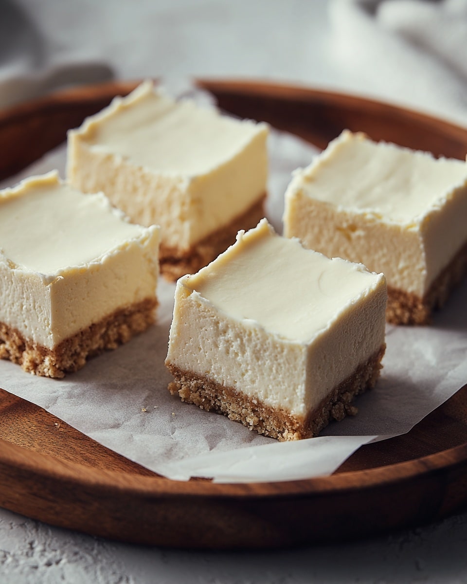 Four square pieces of cheesecake rest on white parchment paper inside a round wooden tray. Each piece has three visible layers: a light brown crumbly base, a creamy off-white middle layer, and a smooth pale white top layer, with slight uneven edges on the top. The tray is placed on a white marbled textured surface, softly lit with a neutral tone. Photo taken with an iphone --ar 4:5 --v 7