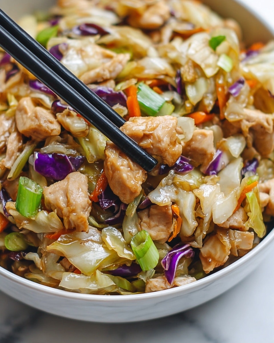 A close-up image shows a bowl filled with stir-fried chicken and vegetables. The dish has small pieces of light brown chicken mixed with chopped cabbage that is pale green and slightly translucent, pieces of bright green spring onion, small bits of purple cabbage, and fine slices of orange carrot. Black chopsticks are picking up some of the stir-fry from the white bowl, which sits on a white marbled surface. Photo taken with an iphone --ar 4:5 --v 7