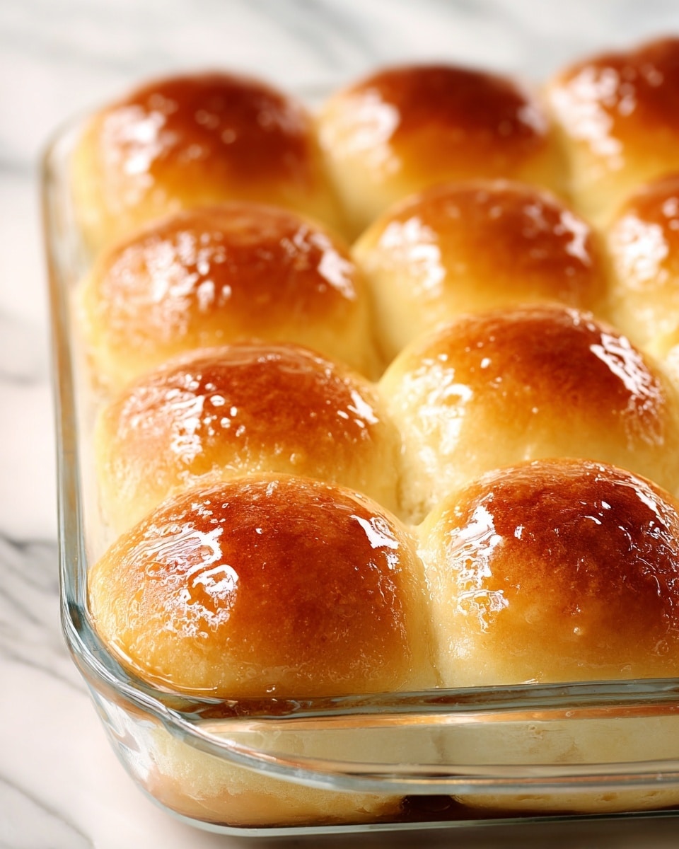 The image shows nine golden brown bread rolls arranged in a glass baking dish, tightly placed in three rows of three. Each roll has a shiny, smooth surface with a rich glaze that reflects light, giving them a fresh and moist appearance. The texture on top is soft and slightly puffy, while the sides are lighter in color with a fluffy and airy look. The glass dish is clear, allowing a slight view of the white marbled texture underneath. Photo taken with an iphone --ar 4:5 --v 7