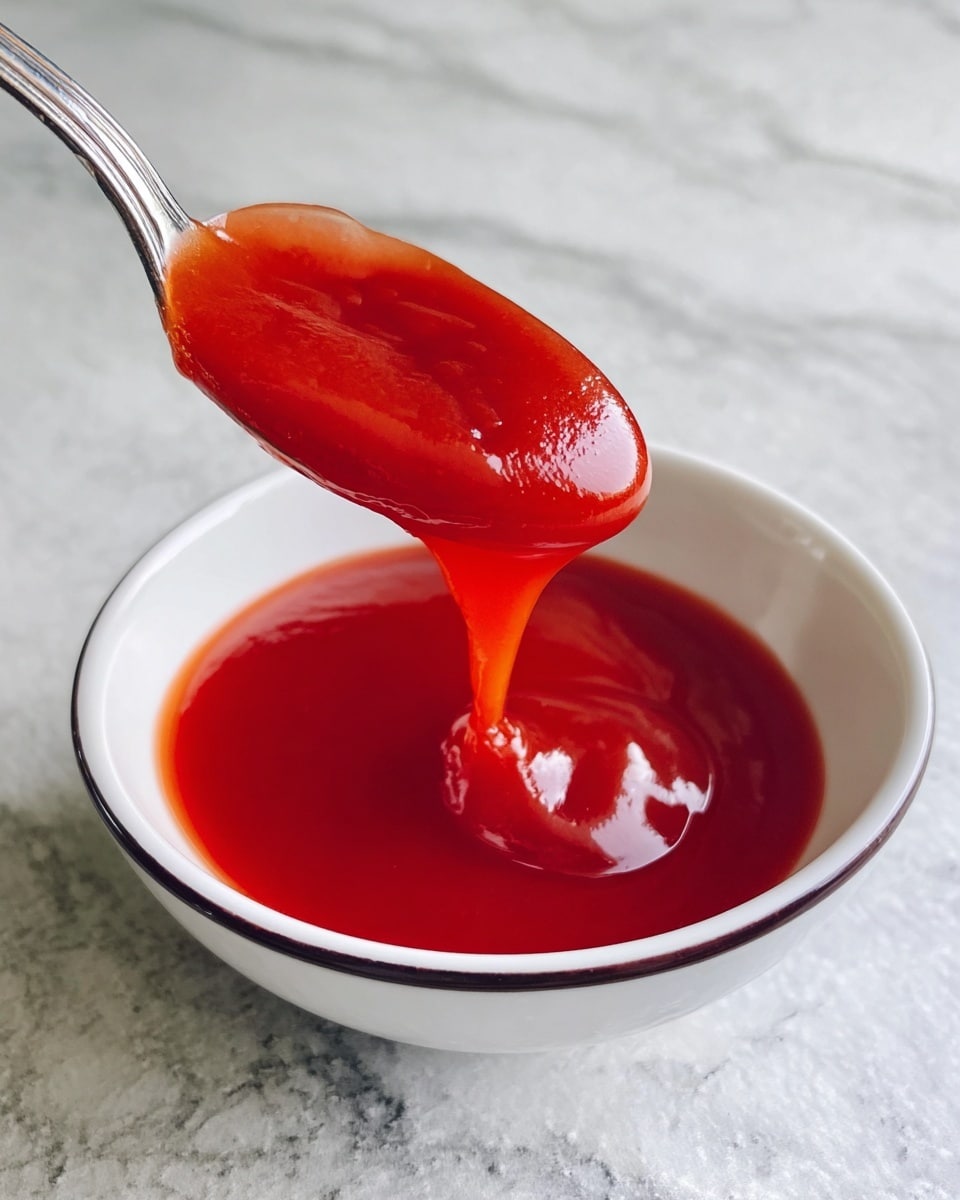 A shiny silver spoon holds thick, smooth red sauce that slowly pours into a white bowl with a thin blue rim, the bowl filled about halfway with the same bright red sauce, all placed on a white marbled surface. photo taken with an iphone --ar 4:5 --v 7
