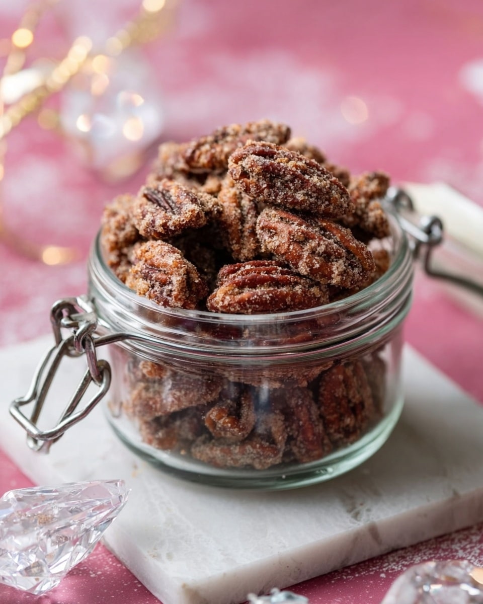 A clear glass jar filled with several layers of spiced pecans, each pecan covered in a rough, crumbly coating of sugar and spice, giving a textured brown and tan look. The jar is open with the metal clasp hanging down, sitting on a white marbled surface with faint pink patterned paper underneath. In the background, some clear decorative crystals add a soft sparkle to the scene. Photo taken with an iphone --ar 4:5 --v 7