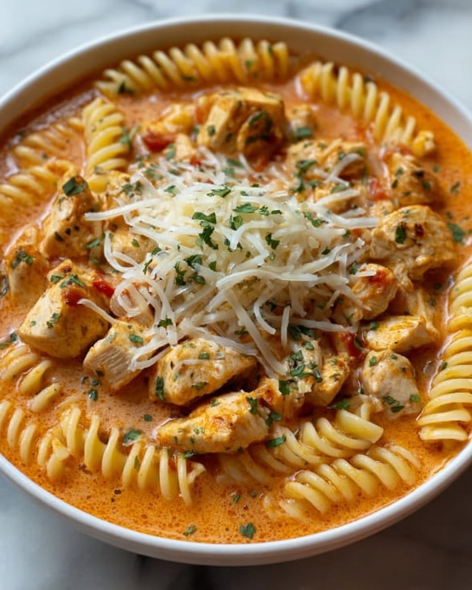 The image shows a white bowl filled with creamy tomato sauce pasta. There are three layers: the bottom layer has yellow spiral rotini pasta arranged in a circle, the middle layer has chunks of cooked chicken, and the top layer is covered with a generous amount of shredded white cheese and small green herb pieces sprinkled on top. The sauce is orange and smooth, creating a rich texture around the pasta and chicken. The bowl is set on a white marbled surface. Photo taken with an iphone --ar 4:5 --v 7
