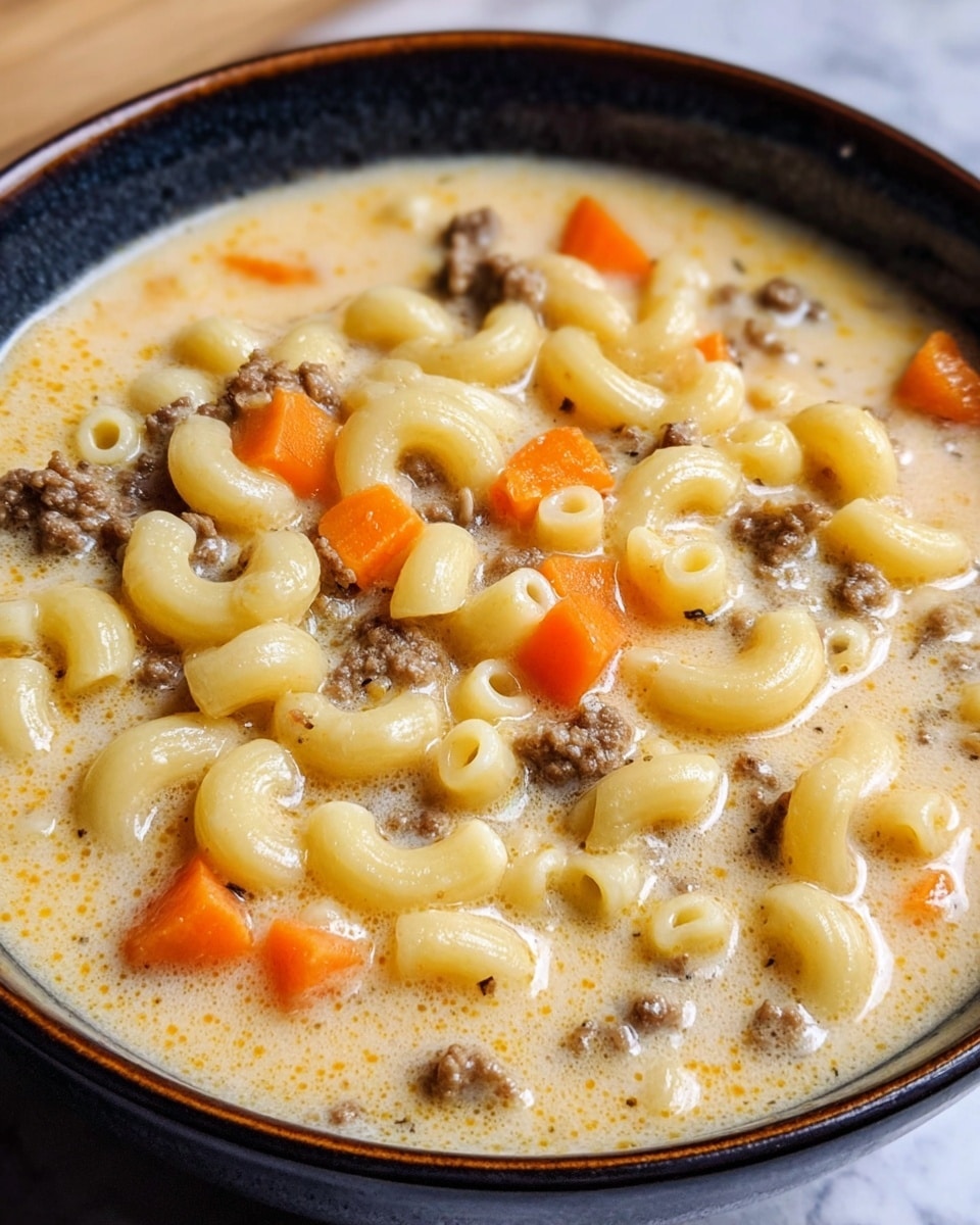 This close-up image shows a creamy soup served in a white bowl. The soup has three main layers mixed together: pale yellow elbow macaroni, small pieces of brown ground meat, and bright orange carrot chunks, all enveloped in a thick beige broth with specks of black pepper. The surface of the soup looks smooth with a slight shine, indicating its creamy texture. The bowl rests on a white marbled surface. photo taken with an iphone --ar 4:5 --v 7