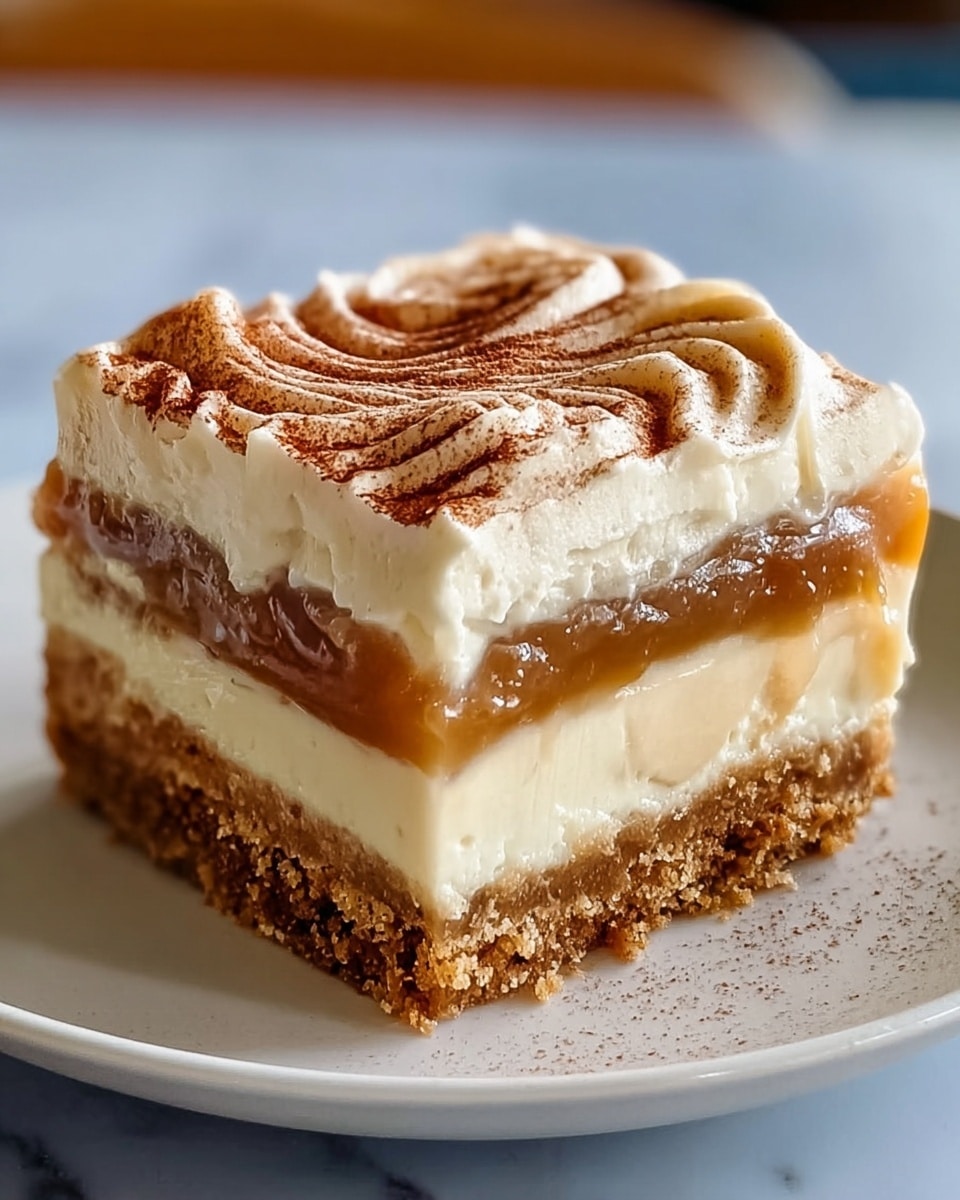 A square slice of dessert with four layers is placed on a white plate on a white marbled surface. The bottom layer is a crumbly, golden brown crust. Above it is a thick, smooth white cream layer, topped by a dense, light brown layer with a slightly glossy texture. The top layer is a thick, creamy white frosting with soft swirls and is dusted with a light brown powder, creating a textured and inviting look. Photo taken with an iphone --ar 4:5 --v 7