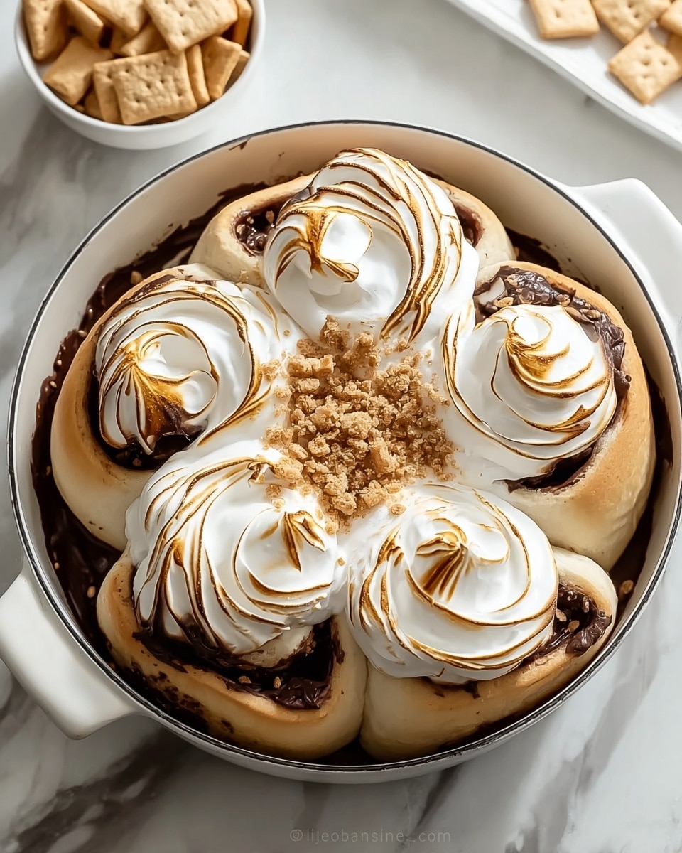 The image shows four thick, round rolls closely placed inside a white pan with a metal handle. Each roll has a light golden brown outer layer with a soft, light beige inside. Swirling on top of each roll is a thick layer of dark chocolate spread, topped with a generous swirl of toasted white marshmallow cream with golden spots from toasting. The center of the pan is sprinkled with crushed graham crackers, adding a crumbly texture on top. The pan is set on a surface with a white marbled texture and there is a white bowl filled with graham crackers in the background. Photo taken with an iphone --ar 4:5 --v 7