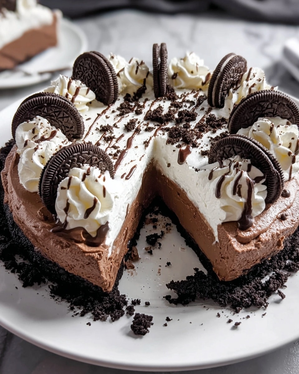 A three-layer Oreo pie on a white plate with a white marbled background, the bottom layer is dark, crumbly Oreo crust, the middle layer is thick, smooth chocolate filling, and the top layer is fluffy white whipped cream. On top of the whipped cream, there are large Oreo cookie halves placed upright around the edge, with dollops of whipped cream in between, sprinkled with crushed Oreo crumbs, and drizzled with chocolate sauce. A slice is missing, showing the clean layers inside. Photo taken with an iphone --ar 4:5 --v 7