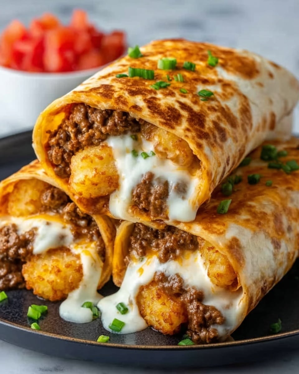 The image shows three rolled burritos stacked in a pyramid shape on a white plate. Each burrito is golden brown with crispy, toasted tortillas on the outside. The burritos are cut open at the ends to reveal layers inside, including melted white cheese, brown ground beef, bright orange tater tots, and small green onion pieces sprinkled on top. In the background, there is a white bowl with red diced tomatoes. The setting is on a white marbled surface. The photo taken with an iphone --ar 4:5 --v 7