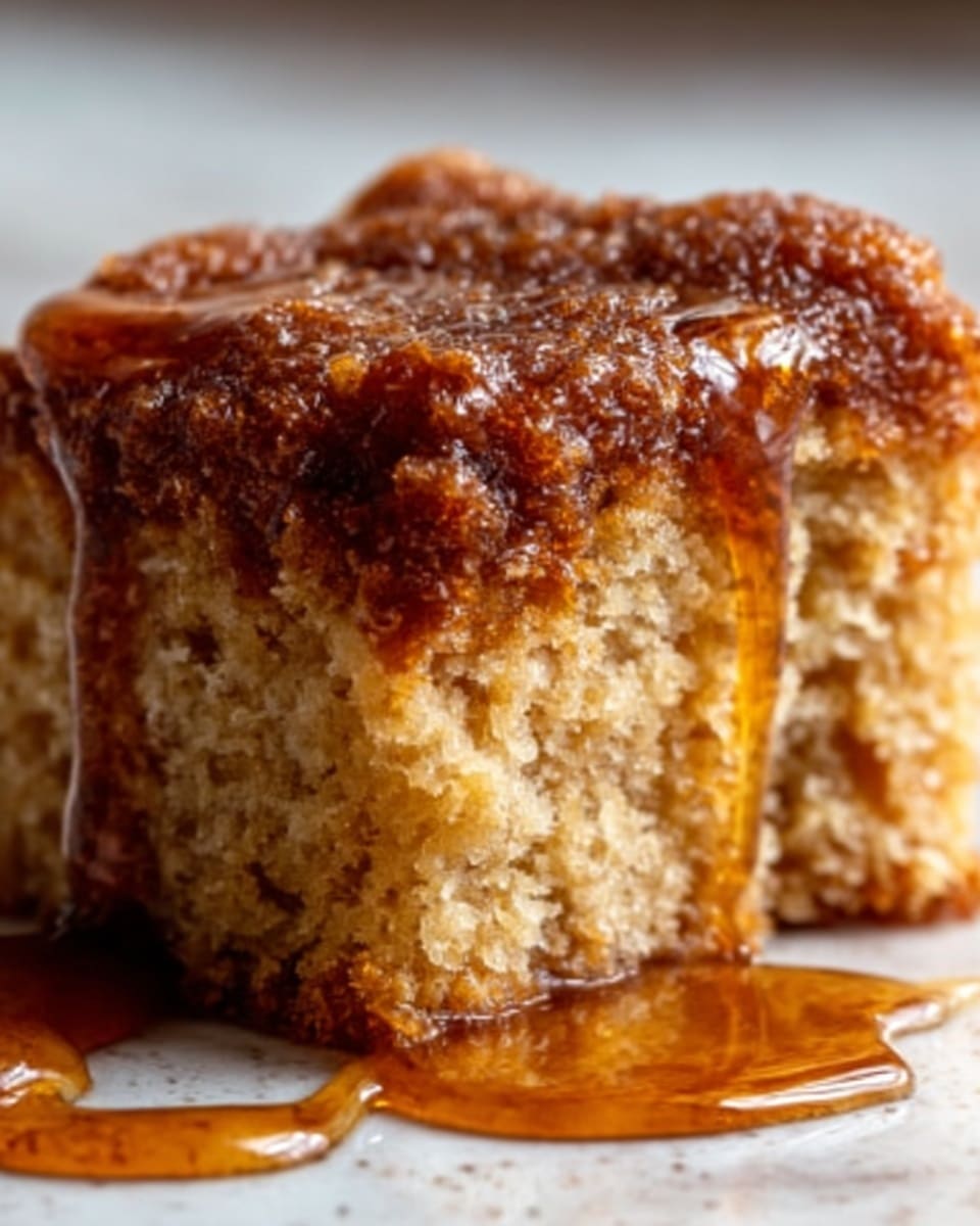 A close-up image of a single square piece of cinnamon roll showing three visible layers: the top layer is dark brown and sticky with cinnamon sugar glaze, the middle layer is light beige with a soft, fluffy bread texture and visible cinnamon swirls, and the bottom layer is a similar soft bread but slightly soaked with syrup. The piece is dripping thick golden syrup down the sides. The background has a white marbled texture, and a woman's hand is gently holding the cinnamon roll from the side. photo taken with an iphone --ar 4:5 --v 7