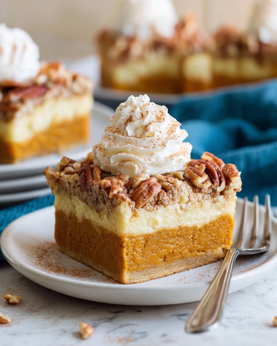 A square slice of dessert with three visible layers sits on a white plate on a white marbled surface, over a blue cloth. The bottom layer is thick and orange, smooth in texture, resembling pumpkin pie filling. The middle layer is creamy and pale yellow, slightly crumbly with small pecan pieces spread throughout. The top layer consists of crunchy brown pecans scattered on a light beige base. On top of the dessert is a generous swirl of whipped cream dusted lightly with cinnamon. In the background, there are blurred white plates with similar dessert slices. A silver fork lies next to the slice. Photo taken with an iphone --ar 4:5 --v 7