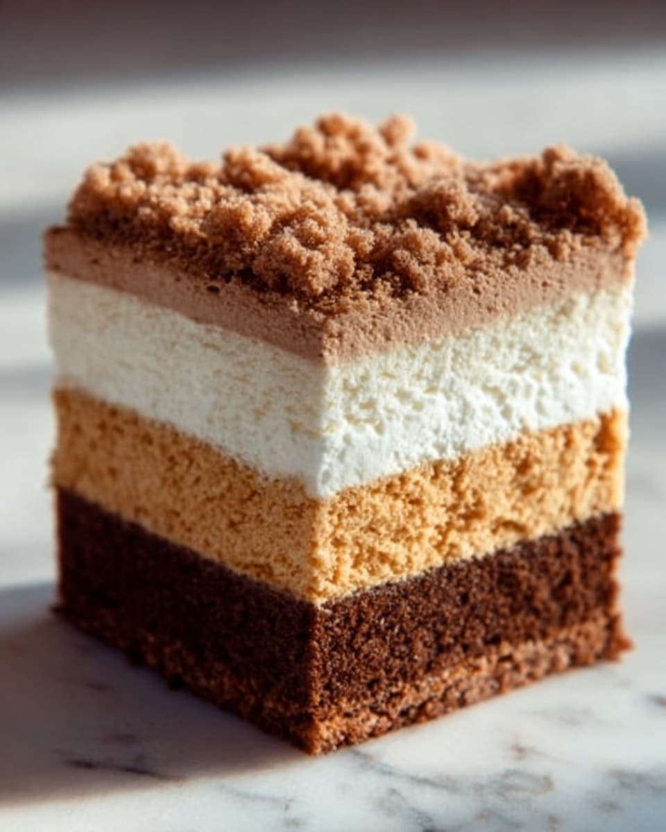 The image shows a square dessert with four clear layers. The bottom layer is dark brown, looking soft and rich, like a chocolate cake base. Above that is a thick orange layer, smooth and dense, resembling pumpkin or sweet potato filling. Next is a thick white layer that looks creamy and fluffy, like whipped cream or a soft frosting. The top layer is crumbly and light brown, with small pieces scattered unevenly, looking like a streusel or crumb topping. The dessert sits against a white marbled surface. Photo taken with an iphone --ar 4:5 --v 7