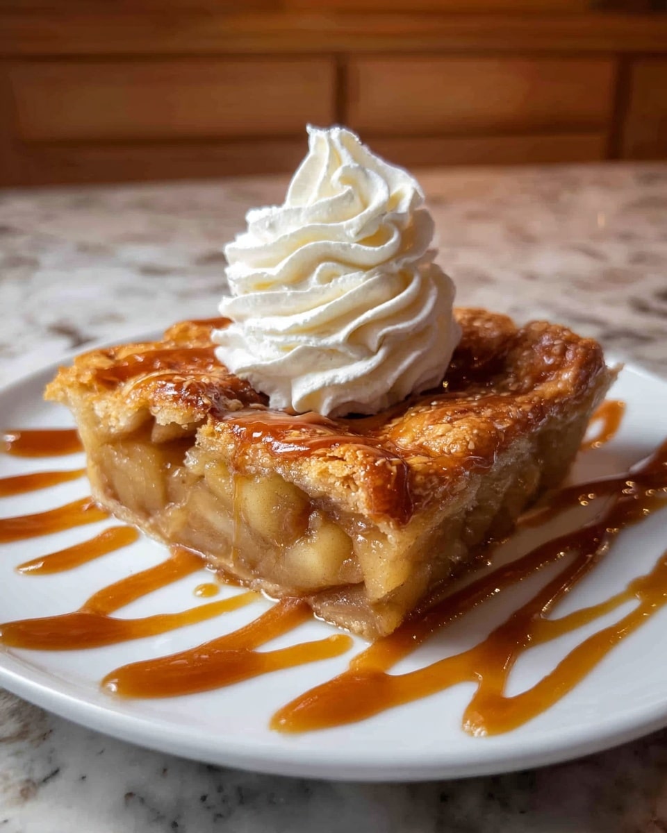 A square slice of apple dessert with a golden brown, crispy top layer sits on a white plate. Underneath the top crust is a thick, juicy layer of cooked apple pieces with a soft texture, followed by a firm, light brown base layer. On top, there is a swirl of white whipped cream with smooth ridges, drizzled with caramel sauce that also decorates the plate around the dessert in loose lines. The background is a white marbled surface, and the warm lighting brings out the dessert’s rich caramel and golden tones. Photo taken with an iphone --ar 4:5 --v 7