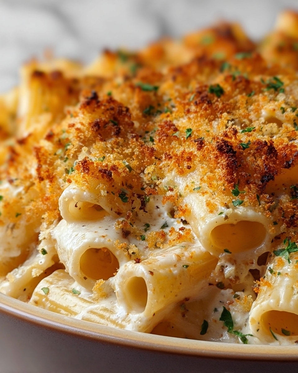 A close-up view of baked rigatoni pasta in a white dish, showing a creamy light yellow cheese sauce coating each tube-shaped pasta piece with ridges. The top layer is golden and crispy browned breadcrumbs sprinkled unevenly, with tiny green herb bits scattered for contrast. The edges of the pasta are soft with sauce pooled slightly underneath, and the textured surface of the breadcrumbs adds a crunchy look on top. The white dish sits on a white marbled texture. photo taken with an iphone --ar 4:5 --v 7