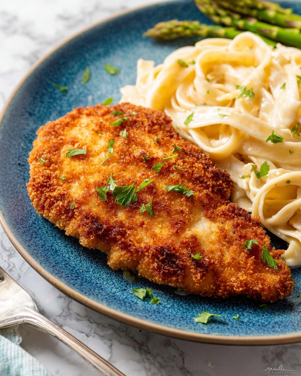 A close-up of a single golden brown breaded chicken cutlet sits on the right side of a shallow white plate with a blue inner surface, garnished with small green parsley leaves sprinkled around. To the left of the chicken, there is a serving of creamy, off-white fettuccine pasta with a smooth and soft texture, layered loosely in thick strands. Behind the pasta, a small bundle of bright green roasted asparagus spears rests slightly angled upwards. The plate is set on a white marbled surface with a silver fork placed to the right beside the plate. photo taken with an iphone --ar 4:5 --v 7