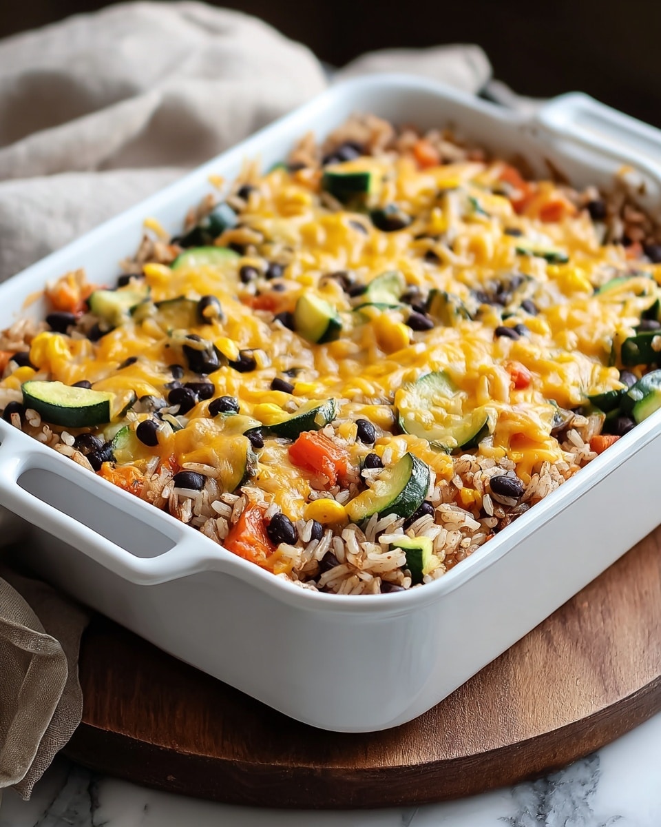 A white rectangular baking dish filled with a rice casserole that has visible layers of cooked rice mixed with orange carrot pieces and black beans. On top, there are scattered pieces of green zucchini slices and melted light yellow cheddar cheese, which is slightly browned in some spots. The casserole looks hearty with mixed textures of soft rice, tender vegetables, and gooey cheese. The dish sits on a round wooden board over a white marbled surface. photo taken with an iphone --ar 4:5 --v 7