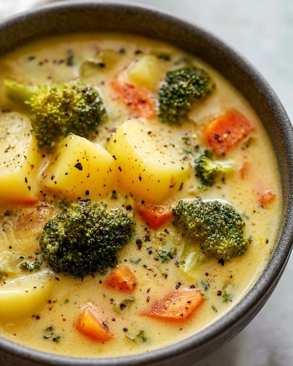 A close-up view of a creamy soup filled with large chunks of yellow potato, bright green broccoli florets, and small pieces of orange carrot, all mixed in a thick, light yellow broth with specks of black pepper sprinkled on top. The soup is held in a deep, white bowl sitting on a white marbled surface, showing the rich texture and vibrant colors of the vegetables and broth. photo taken with an iphone --ar 4:5 --v 7