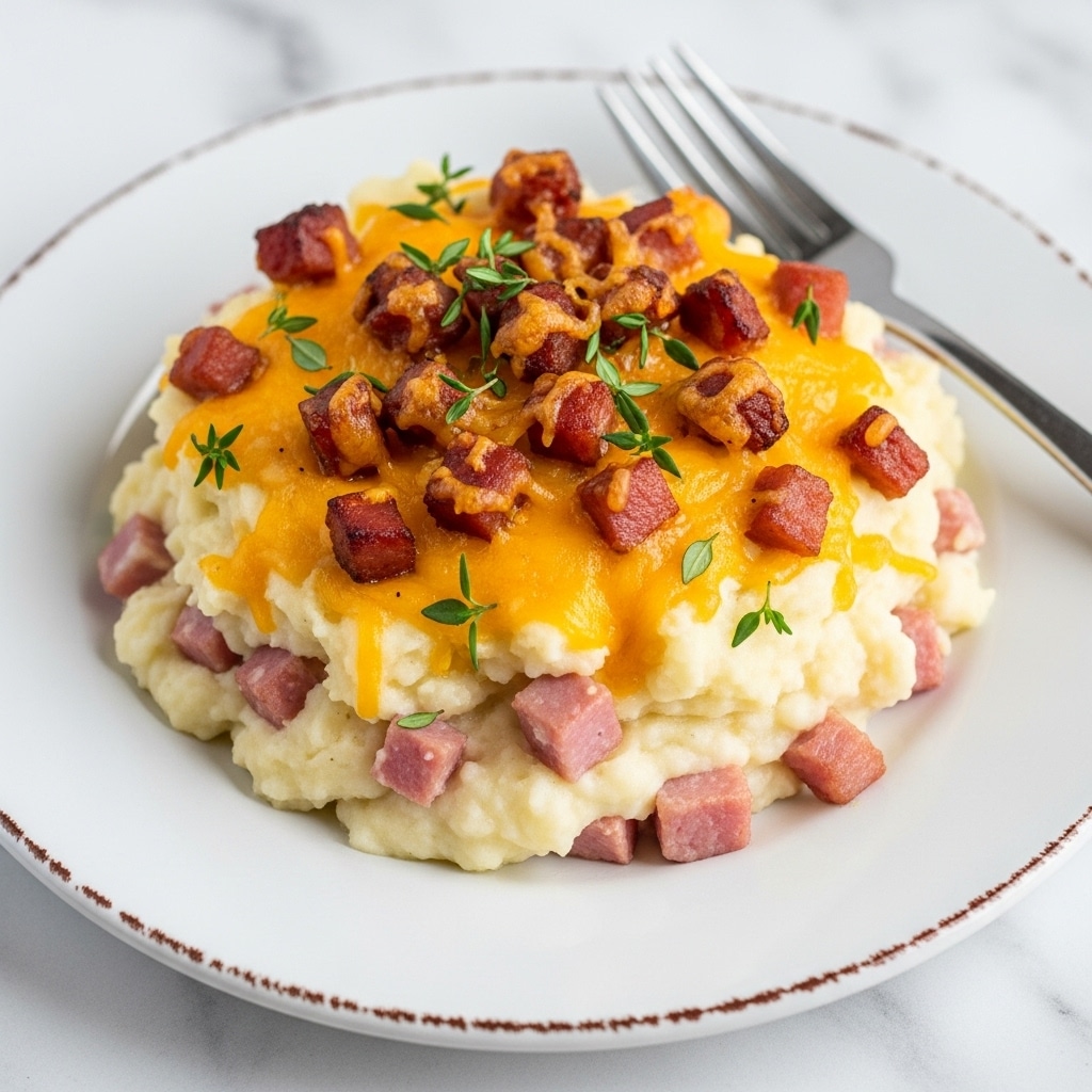 A serving of creamy mashed potato casserole sits on a white plate with a slightly rustic edge. The dish has about three layers: the bottom layer is smooth and white mashed potatoes, mixed with small pink chunks of ham. The middle layer shows golden melted cheese that is bubbly and slightly browned. The top layer is made of crispy, browned bits of ham and cheese, sprinkled with fresh green thyme leaves. A silver fork rests on the edge of the plate. The plate is placed on a white marbled texture. photo taken with an iphone --ar 4:5 --v 7
