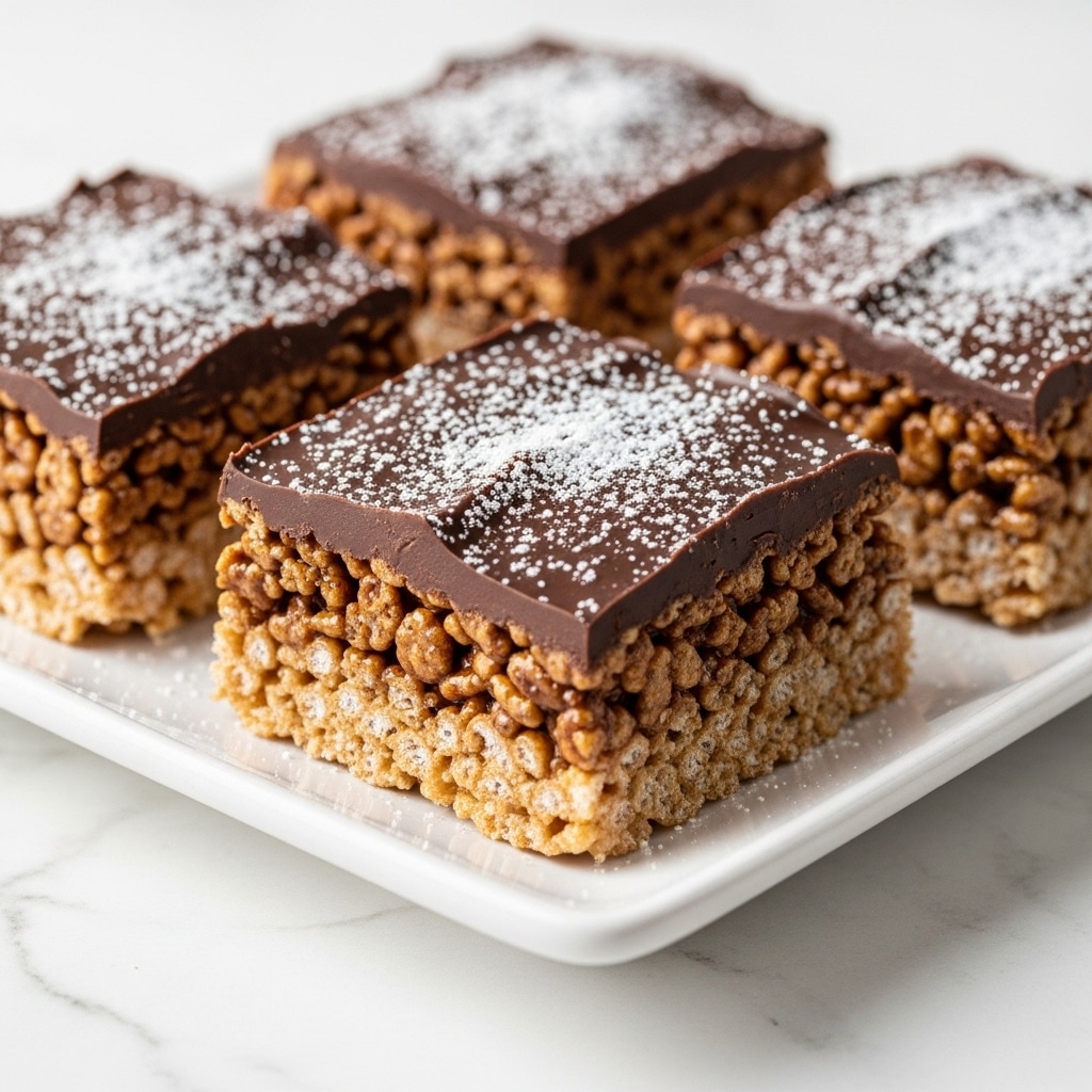 The image shows close-up chocolate crispy rice treats cut into squares and placed on a white rectangular plate on a white marbled surface. Each square has a bottom layer of golden brown crispy rice cereal mixed with chocolate, topped by a thick dark chocolate layer, and sprinkled with white powdered sugar on top. The treats are arranged in neat rows, with a soft focus background that highlights the texture of the crispy rice and smooth chocolate layer. photo taken with an iphone --ar 4:5 --v 7