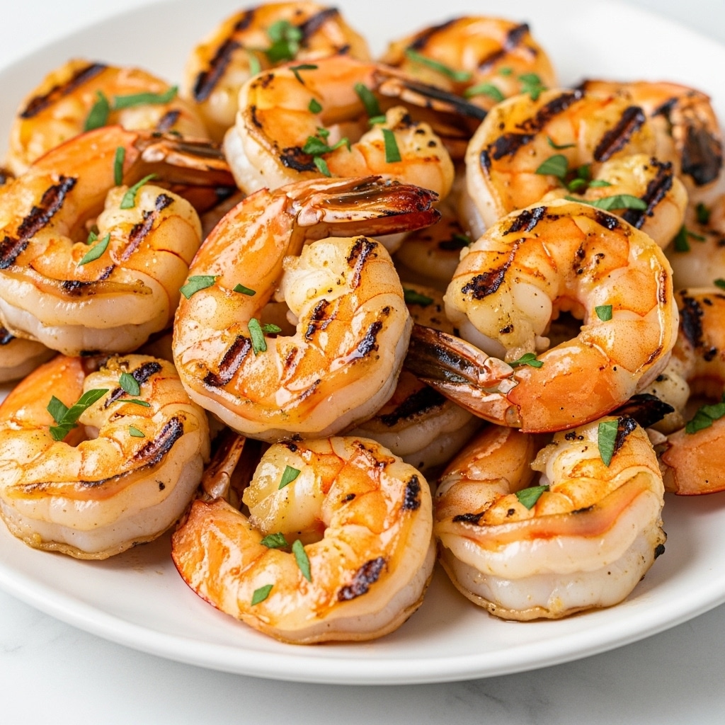 The image shows a close-up of several grilled shrimp pieces arranged closely together on a white plate. Each shrimp piece has a golden-brown, crispy exterior with visible grill marks and some charred spots, giving a textured look. The shrimp are covered with small pieces of bright green herbs scattered on top, adding a fresh touch. There is a shiny glaze on the shrimp, making them look juicy and well-cooked. The plate rests on a white marbled surface. photo taken with an iphone --ar 4:5 --v 7