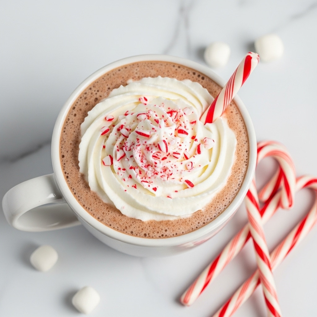 A white mug filled with hot chocolate that has a light brown, creamy texture topped with a spiral of white whipped cream. On top of the whipped cream, there are small red and white candy cane pieces scattered and a larger red and white candy cane stick placed upright on one side of the mug. The mug sits on a white marbled surface surrounded by whole red and white candy canes and small white marshmallows. In the background, there is a blurry red and white striped cloth. Photo taken with an iphone --ar 4:5 --v 7
