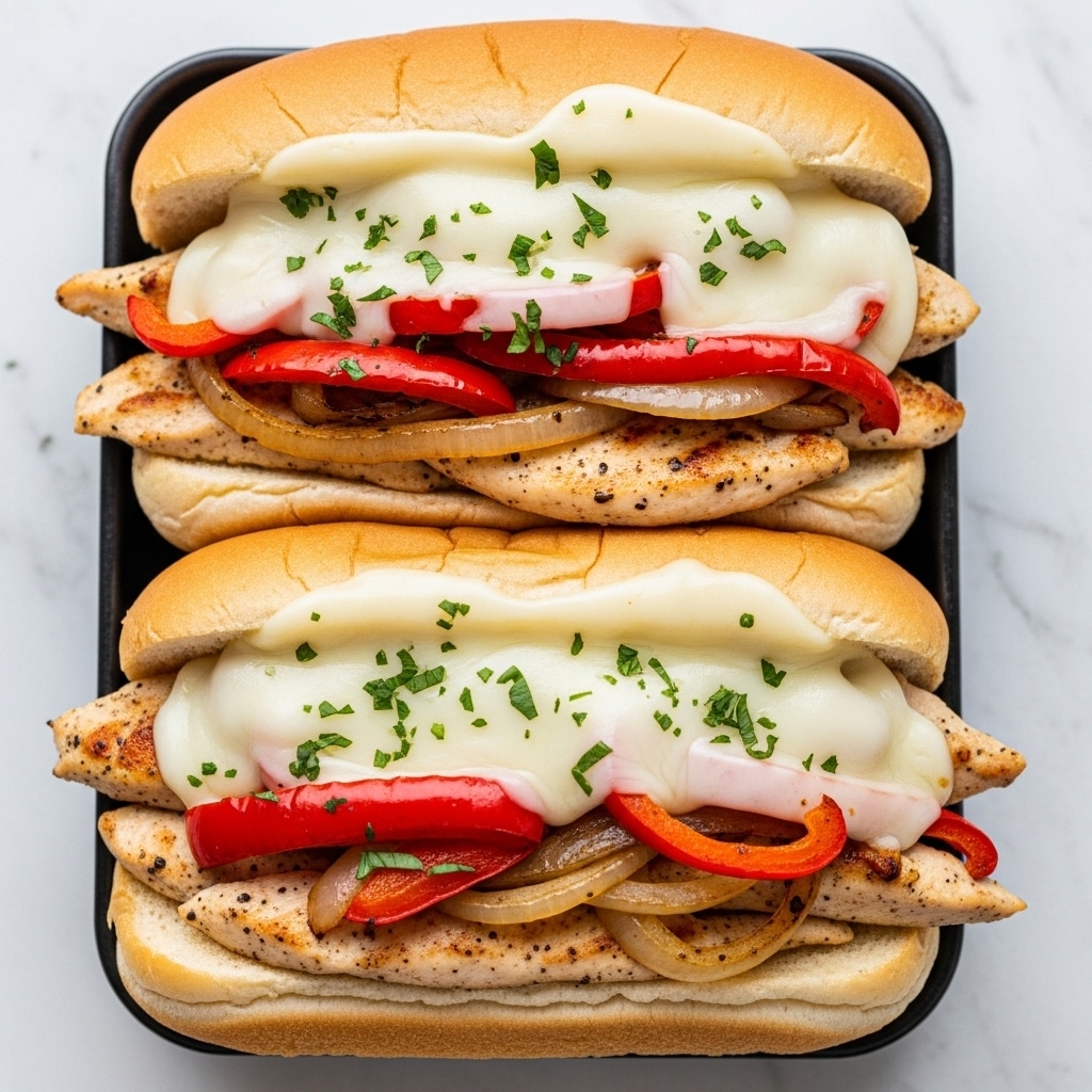 Two white sandwich buns are filled with several layers starting with strips of grilled chicken lightly browned, topped with slices of cooked red bell peppers and onions. The top layer consists of melted creamy cheese covering the chicken and vegetables, sprinkled with small green herb pieces. The sandwiches sit side by side in a dark tray over a white marbled surface. Photo taken with an iphone --ar 4:5 --v 7