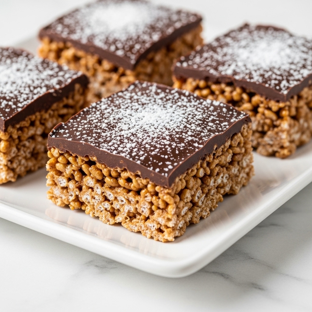 The image shows four square crispy rice treats with a thick layer of glossy dark chocolate on top. The treats have a shiny, nutty brown color from the rice cereal mixed with chocolate, creating a bumpy texture in the bottom layer. The top layer is smooth and dark brown with a slightly rough surface from the powdered white sugar sprinkled generously over the chocolate. They are placed on a white rectangular plate on a white marbled surface. Photo taken with an iphone --ar 4:5 --v 7