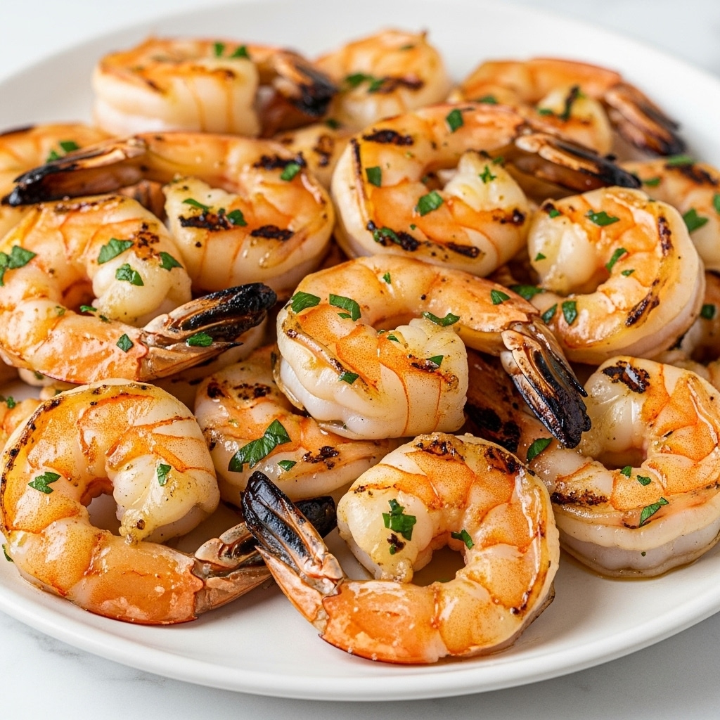 A close-up of a white plate filled with a pile of grilled shrimp, each piece covered in a light golden-brown char, with visible dark grill marks and small green herb pieces sprinkled all over. The shrimp are plump and slightly shiny from a glaze or butter, showing a mix of creamy white and orange-pink colors in the layers of their curled bodies. The herbs add a fresh green contrast, giving the dish a vibrant look. The plate sits on a white marbled surface. Photo taken with an iphone --ar 4:5 --v 7