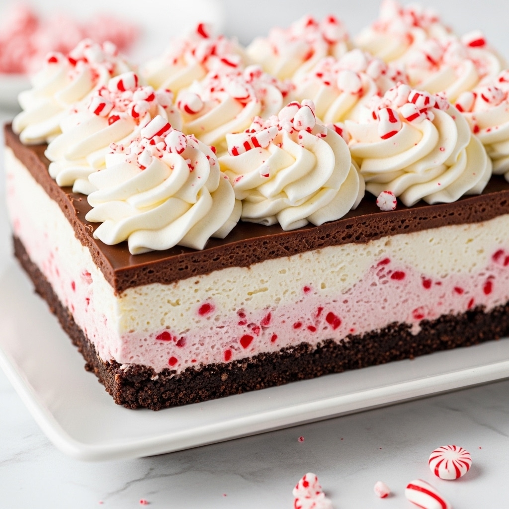 A close-up view of a square dessert with multiple layers on a white plate, placed on a white marbled surface. The bottom layer is a dark chocolate crumb base, rough and dense. Above it is a white creamy layer with bits of crushed red and white peppermint candy mixed in. This is topped by a thick smooth white cream layer. On the very top, there is a thick white whipped cream layer with peaks and swirls, decorated with broken peppermint candy pieces scattered across. Photo taken with an iphone --ar 4:5 --v 7