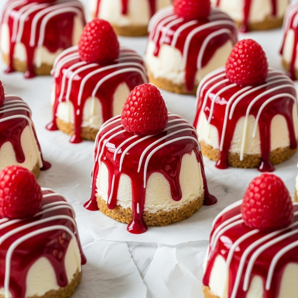 Small round desserts sit closely together on a white marbled textured surface covered with parchment paper. Each dessert has a base layer of smooth, creamy white cheesecake shaped into a small mound. On top, a thick red raspberry sauce drips down the sides, pooling slightly around the base. White thin lines of icing are drizzled over the sauce, creating a striped pattern. A fresh raspberry sits on the peak of each dessert, adding a bright red finishing touch. The overall look is fresh, glossy, and inviting, with a mix of smooth and textured layers. photo taken with an iphone --ar 4:5 --v 7
