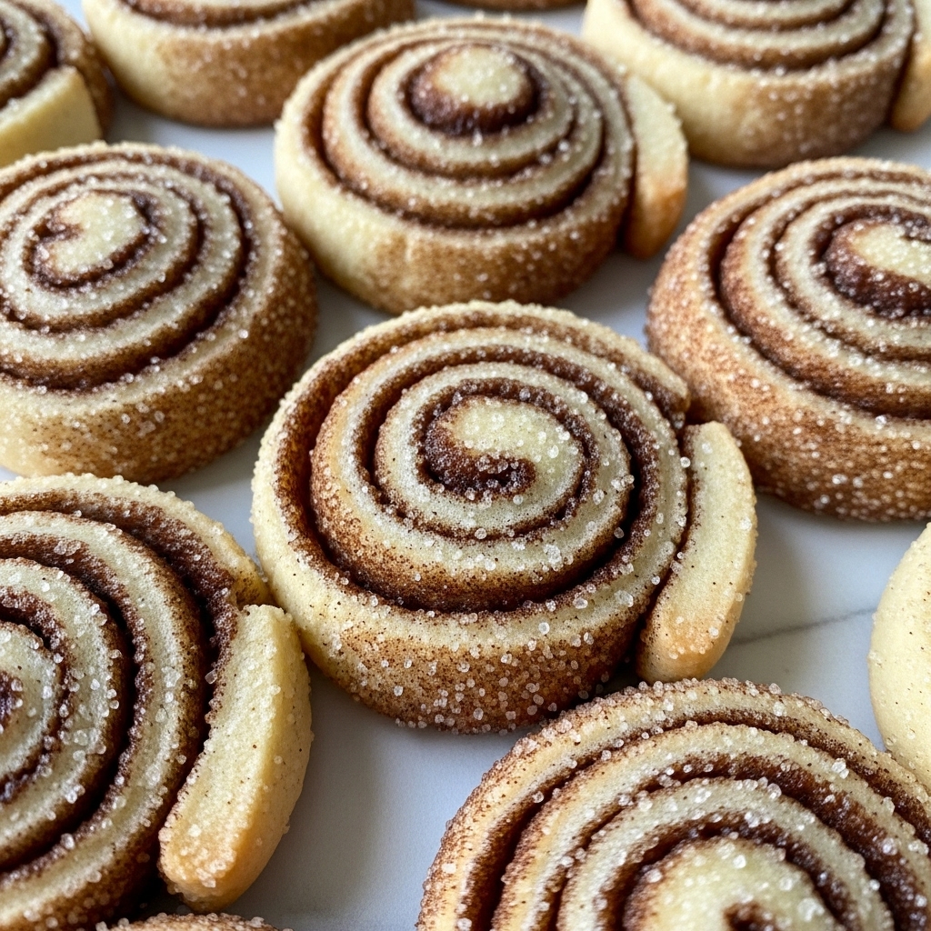 A close-up of several cinnamon roll cookies with a light golden dough spiraled tightly with a fine layer of cinnamon sugar. Each cookie has many thin layers forming tight swirls of light tan dough and dark brown cinnamon filling, all covered with a sparkling sprinkle of coarse white sugar crystals on the surface. The cookies are placed closely together, showing their soft texture and sugary coating on top, set on a white marbled texture. photo taken with an iphone --ar 4:5 --v 7