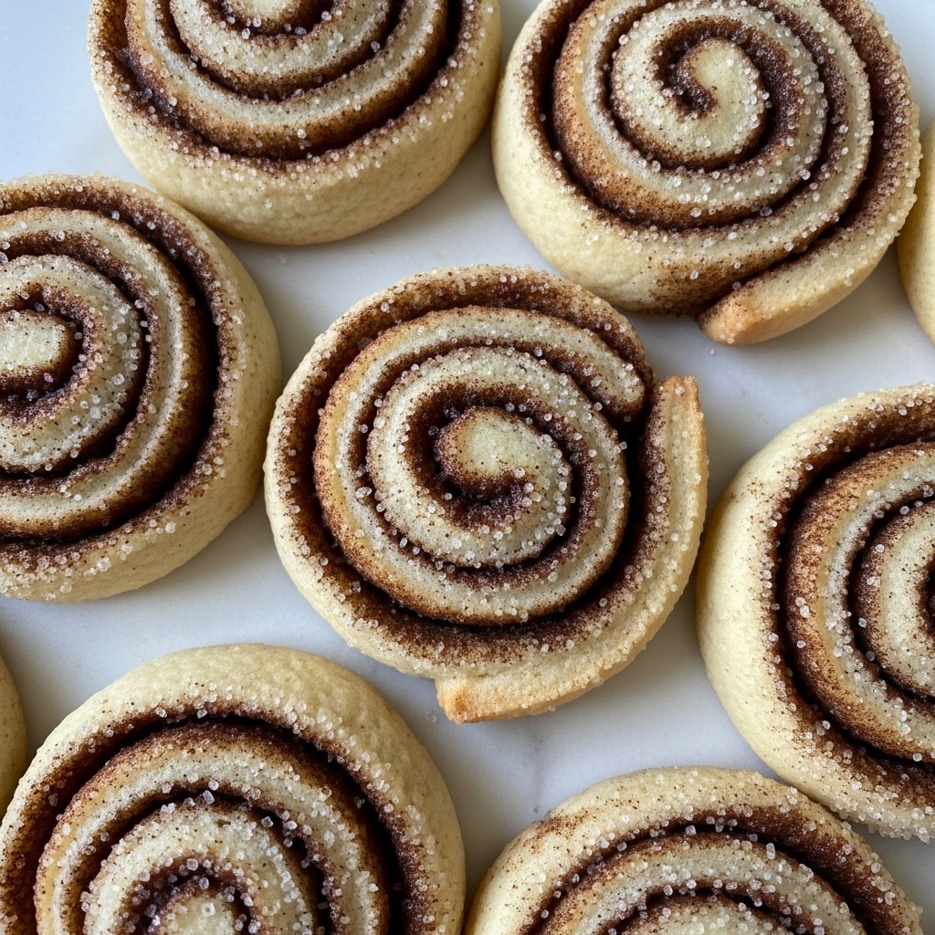 The image shows close-up of several cinnamon roll cookies arranged closely together on a white marbled surface. Each cookie has multiple thin spiral layers with a light golden dough and dark cinnamon filling, creating a swirl pattern. The surface of each cookie is coated with large sugar crystals that give them a grainy texture and sparkle under the light. The cookies have a soft, slightly puffy appearance with a slightly darker edge where the cinnamon sugar is concentrated, making them look fresh and sweet. Photo taken with an iphone --ar 4:5 --v 7