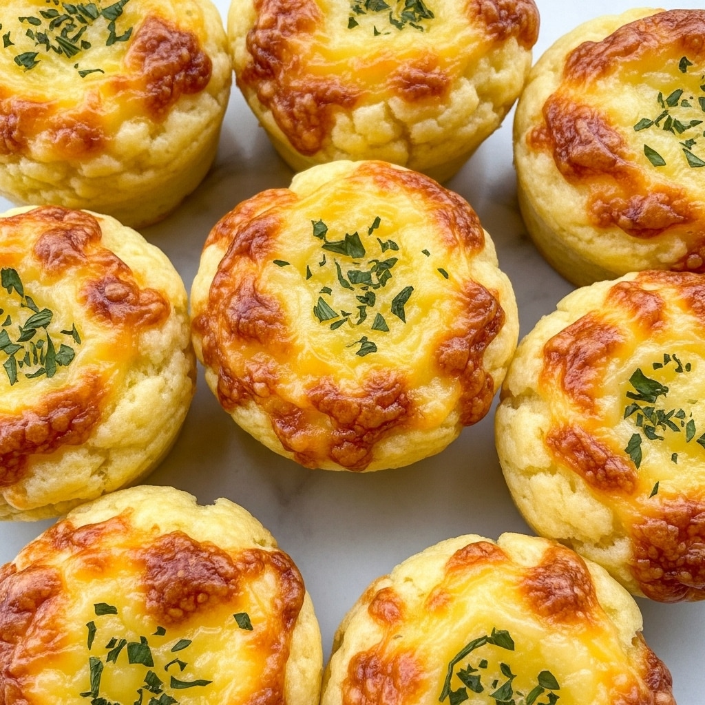 The image shows seven golden brown cheese muffins arranged closely on a white marbled surface. Each muffin has a slightly crispy textured top with melted cheese that bubbles and browns lightly, giving a shiny, rich look. Small bits of green herbs are sprinkled evenly on top of each muffin, adding a pop of color against the golden yellow cheese and warm brown crust. The muffins have a soft, fluffy inside texture visible where light hits the surface. Photo taken with an iphone --ar 4:5 --v 7