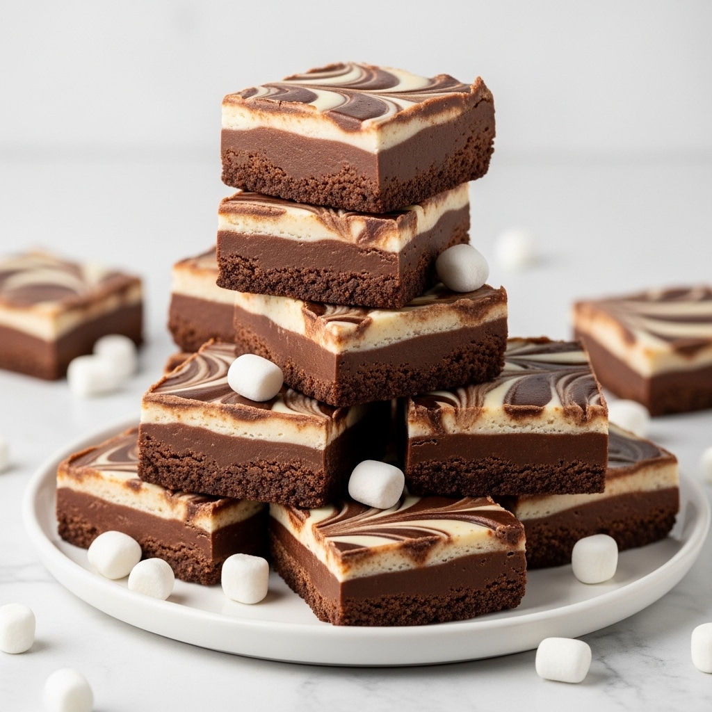 A white plate holds a stack of thick, square chocolate fudge pieces arranged in a pyramid shape. Each piece has two visible layers: a smooth, dark brown chocolate base with a soft texture, and a top layer with a swirled pattern of dark brown chocolate and white cream in a marbled design. Small white marshmallows are scattered on the fudge and around the plate, adding a soft contrast to the rich chocolate. The plate is set on a white marbled surface with a few chocolate crumbs nearby. photo taken with an iphone --ar 4:5 --v 7
