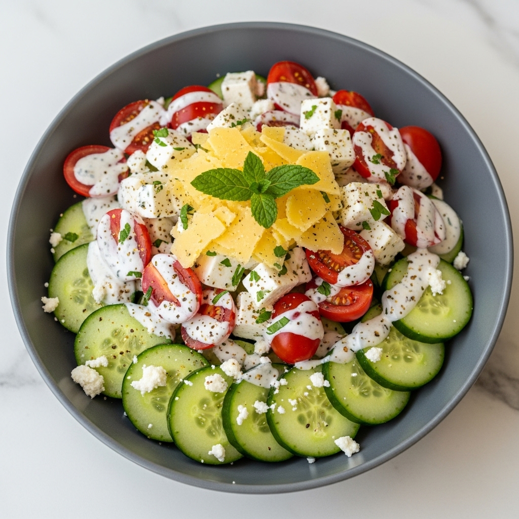 A white bowl filled with a fresh cucumber salad showing several thin, bright green cucumber slices layered at the bottom and sides, mixed with halved red cherry tomatoes scattered throughout. On top, there are white dollops of creamy dressing dotted with small green herbs and black pepper. Thin light yellow cheese shavings and small bits of crunchy toasted pieces are sprinkled over the salad. The dish is topped with a few fresh green mint leaves, all sitting on a white marbled surface. photo taken with an iphone --ar 4:5 --v 7