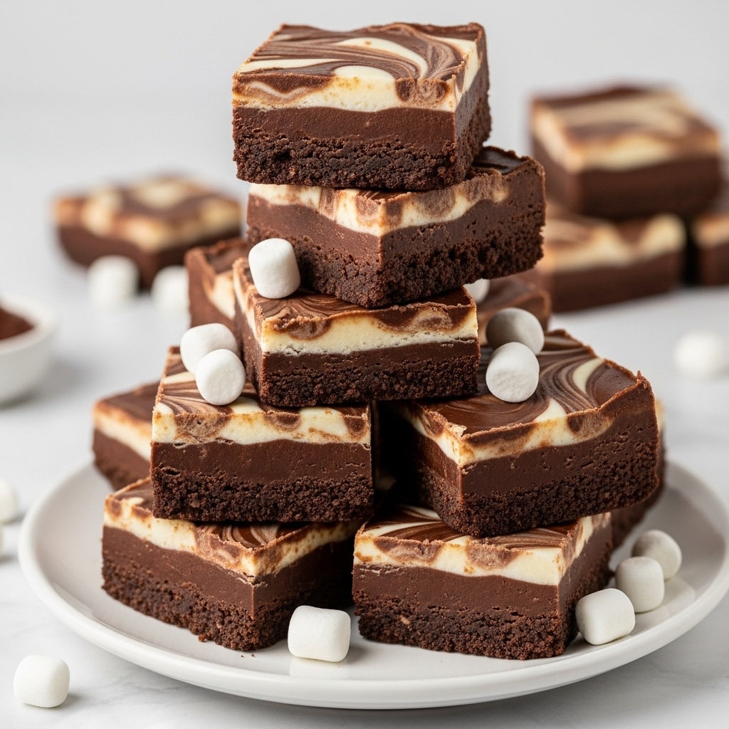 A tall stack of square chocolate fudge pieces sits on a white plate over a white marbled surface. Each piece has a thick, smooth, dark brown chocolate layer with a glossy texture, topped by a swirled white and dark brown marble pattern that adds a creamy contrast on the surface. Small white marshmallows are scattered on and around the stack, adding a soft, pillowy detail. The fudge edges look slightly crumbly while the tops shine with the swirl design. Photo taken with an iphone --ar 4:5 --v 7