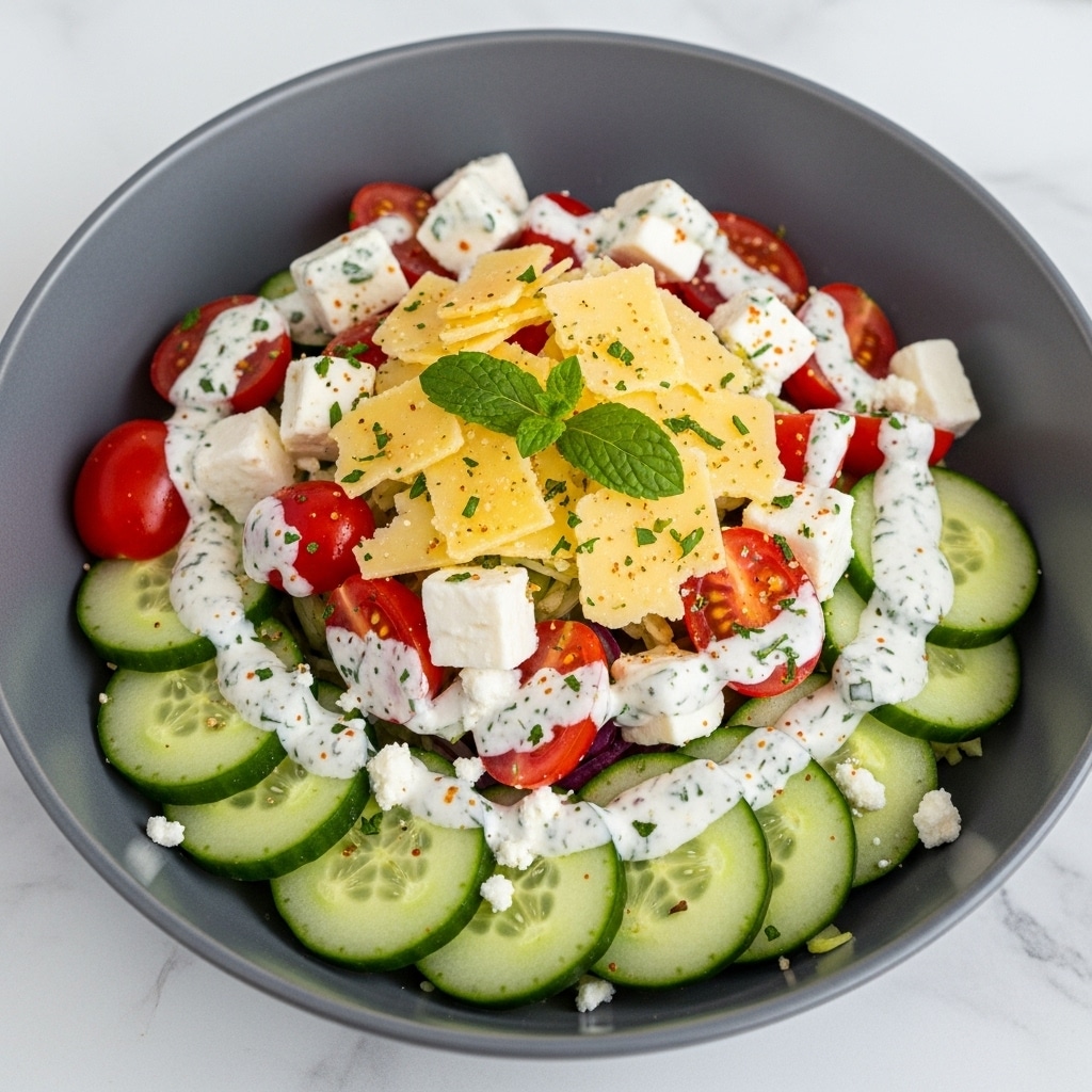 A gray bowl filled with fresh salad sits on a white marbled surface. The salad has several layers: the bottom layer is thinly sliced round green cucumbers, some sprinkled with small white cheese crumbles. Mixed on top are halved bright red cherry tomatoes and white cheese cubes, all covered in creamy white dressing with green herbs scattered throughout. Thin shaved yellow cheese pieces and small bits of seasoning add texture on top, finished with a small green mint leaf in the center as garnish. photo taken with an iphone --ar 4:5 --v 7