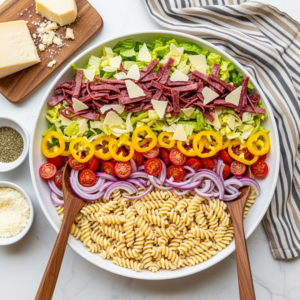 A large white bowl holds a colorful pasta salad with three main layers: the bottom layer is made of beige spiraled rotini pasta, the middle layer features sliced red cherry tomatoes, yellow banana pepper rings, and thin purple onion slices, while the top layer has strips of dark pink and red cured meat, shreds of pale green lettuce, and light cream-colored cheese shavings scattered throughout. Two wooden spoons rest inside the bowl, partially covered by the salad. Surrounding the bowl on a white marbled surface are a wooden board with a block of cheese, a small white bowl with white grated cheese, and another small white bowl with dried herbs. A striped black, white, and beige cloth is placed to the upper right side of the bowl. Photo taken with an iphone --ar 4:5 --v 7