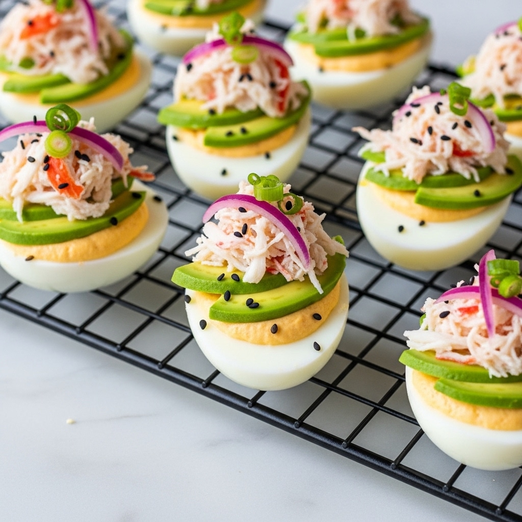 The image shows several deviled eggs cut in half and placed on a black wire rack over a white marbled surface. Each egg has three layers: the bottom layer is a smooth, white egg white half, filled with a creamy, pale orange deviled egg yolk mixture. On top of the filling, there is a layer of thin, curved green avocado slices and thin white crab meat strands mixed with small red bits. Small, thin purple onion sticks and thin green scallion pieces rest on the crab meat, and tiny black sesame seeds are sprinkled over all the eggs. Photo taken with an iphone --ar 4:5 --v 7
