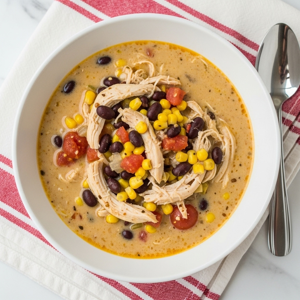 A white bowl filled with a creamy soup that has shredded chicken, black beans, yellow corn, and small pieces of tomato mixed evenly throughout. The soup is light beige with a slightly chunky texture from the beans and corn. The bowl is placed on a white marbled surface with a red and white striped cloth around it and a silver spoon nearby. The warm colors and mixed ingredients create a cozy, hearty dish. photo taken with an iphone --ar 4:5 --v 7