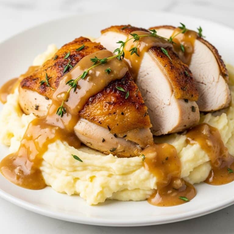 Chicken with Garlic Gravy and Cheesy Mashed Potatoes Recipe