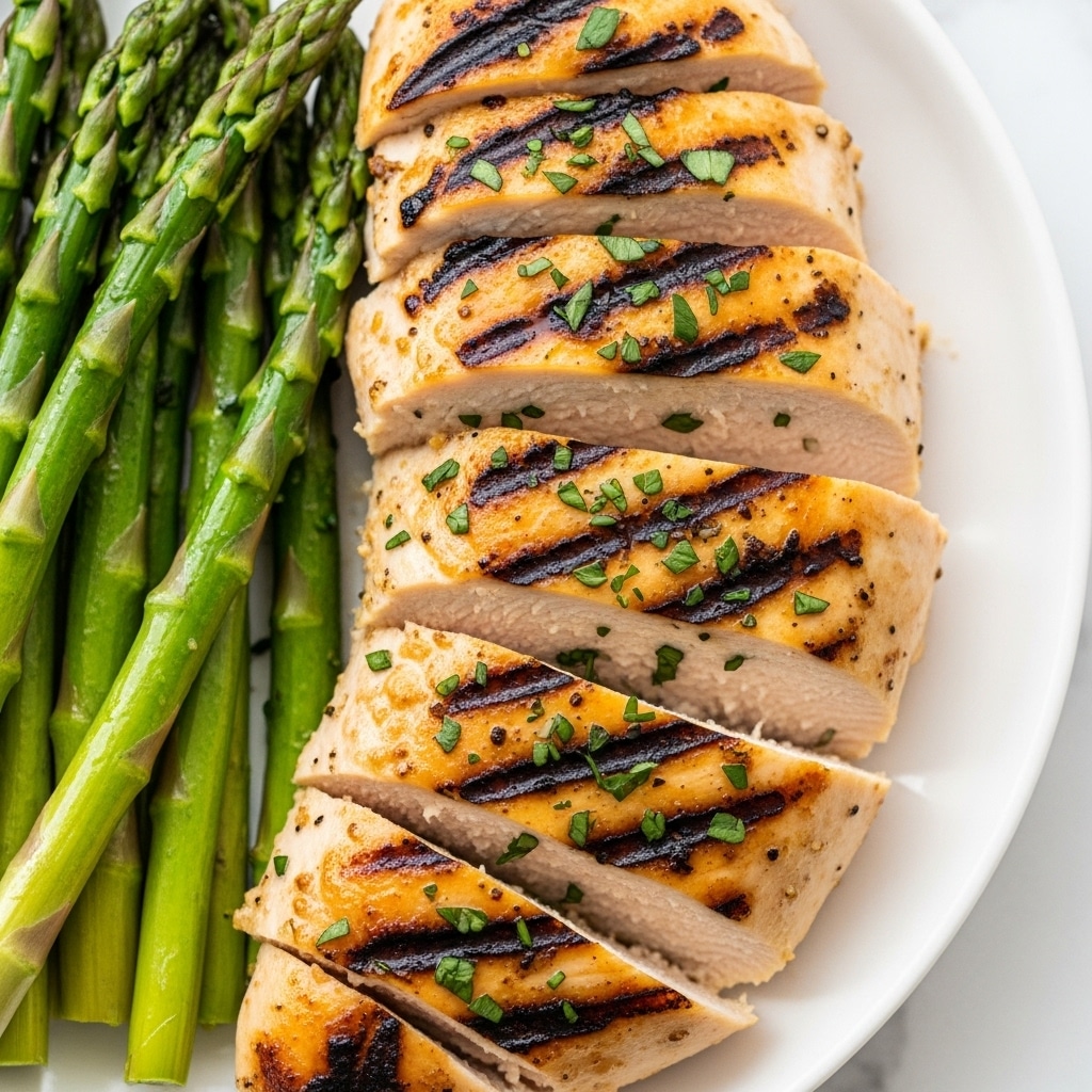 The image shows a close-up of grilled chicken breast sliced into seven pieces arranged in a slightly fanned out way on a white plate. The chicken has dark brown grill marks and a shiny glaze, topped with small green herb pieces. Underneath and beside the chicken, there are a few green beans that are bright green and smooth. The white plate sits on a white marbled surface. Photo taken with an iphone --ar 4:5 --v 7