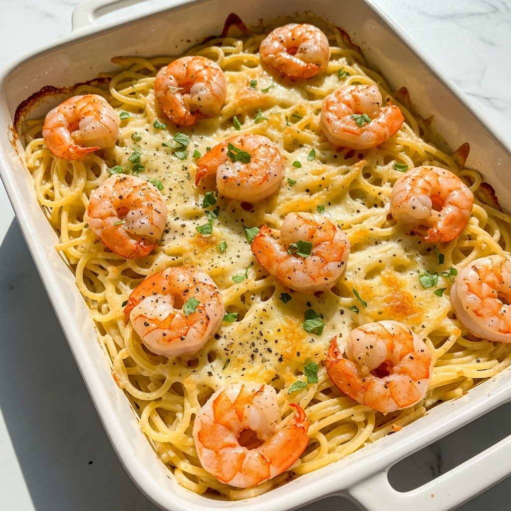 A white rectangular casserole dish filled with creamy spaghetti noodles forming the base layer, topped with a dozen large shrimp that are lightly browned and seasoned with black pepper and fresh green parsley, creating a colorful contrast on top. The shrimp are arranged in a neat pattern covering the top layer, with some pieces curling slightly showing their pink and white flesh. The edges of the dish show a slight golden brown from baking. The background is a white marbled surface with some blurred elements like butter and herbs in the back. Photo taken with an iphone --ar 4:5 --v 7