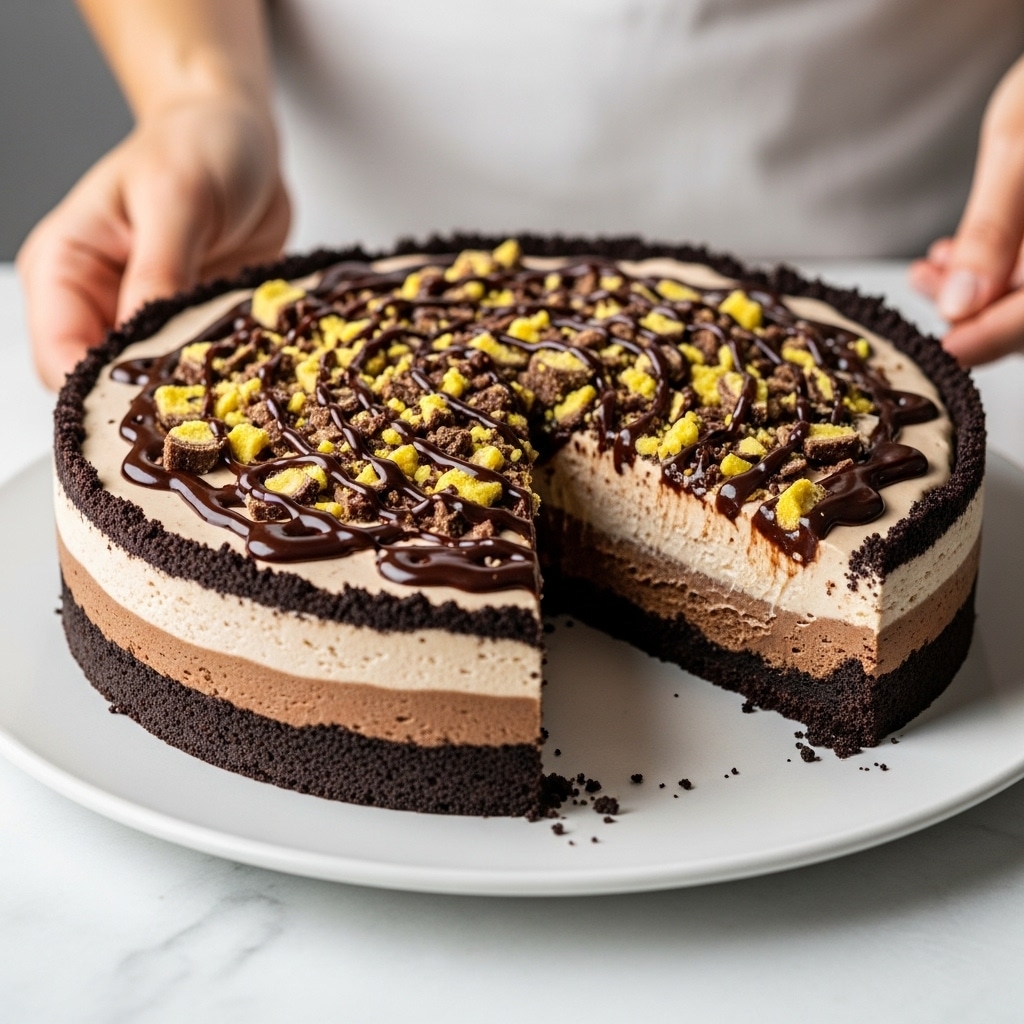 A round chocolate pie sits on a white plate over a white marbled surface, with a slice missing from it. The pie has three clear layers: a dark, crumbly chocolate crust forming the base; a thick, smooth light brown cream filling in the middle; and a topping of chopped yellow and brown pieces drizzled with dark chocolate sauce. Part of a woman’s hand is seen on the edge, reaching towards the pie. Photo taken with an iphone --ar 4:5 --v 7