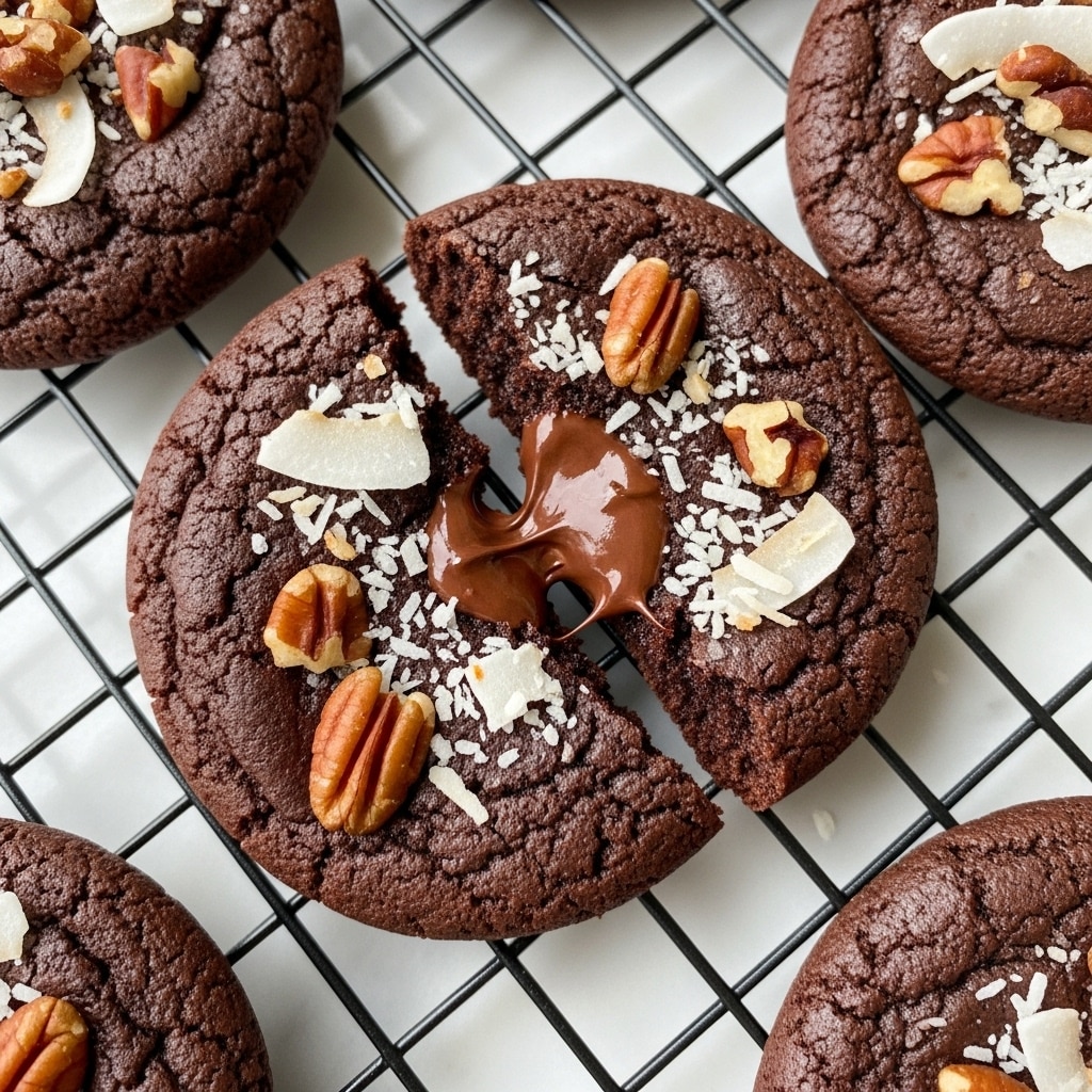 The image shows a close-up of soft, thick chocolate cookies with a cracked surface revealing melty, dark chocolate chunks inside. The cookies have a rich brown color with bits of chopped nuts and coconut flakes scattered on top, adding texture and contrast. One cookie is broken in half, centered in the image, showing gooey melted chocolate stretching between the two halves. The cookies are placed on a black cooling rack over a white marbled textured surface. The overall look feels warm and fresh from the oven, inviting and indulgent. photo taken with an iphone --ar 4:5 --v 7