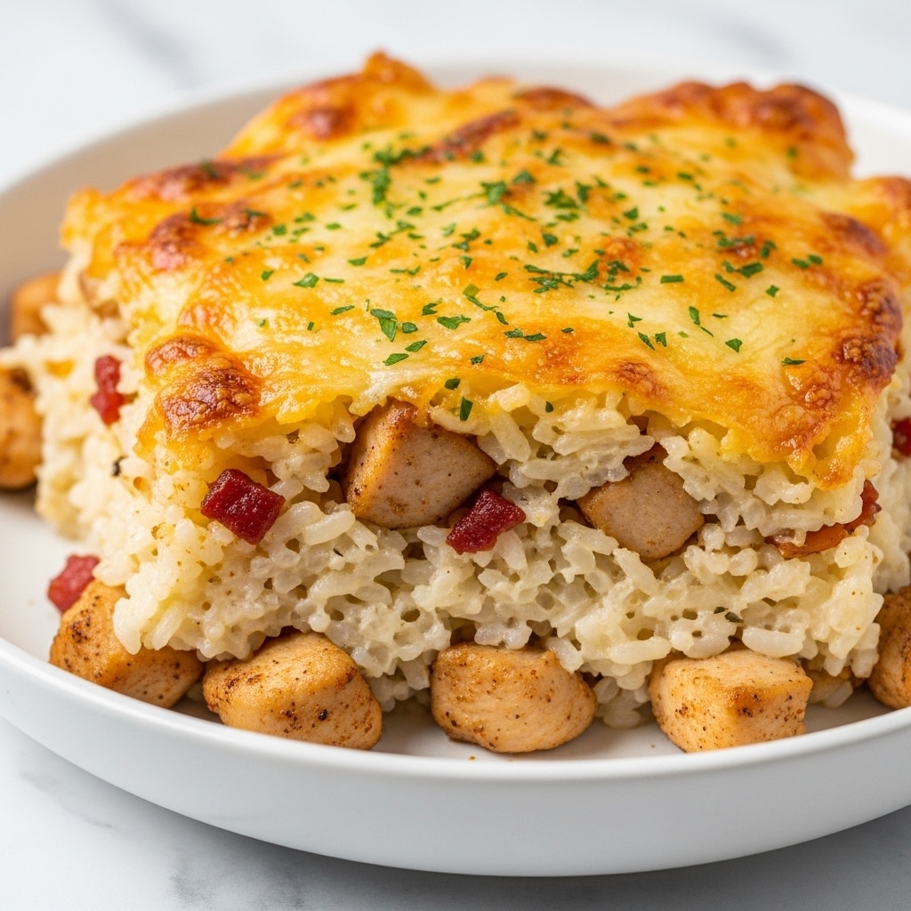 A close-up image shows a creamy rice dish with a golden-brown melted cheese layer on top, slightly crispy and bubbly. Below the cheese, the rice is thick and white, mixed with small pieces of light brown chicken and bits of reddish-brown bacon. Tiny green herb sprinkles are spread evenly across the top, adding small touches of color. The dish is served in a white bowl with a white marbled surface beneath it. photo taken with an iphone --ar 4:5 --v 7