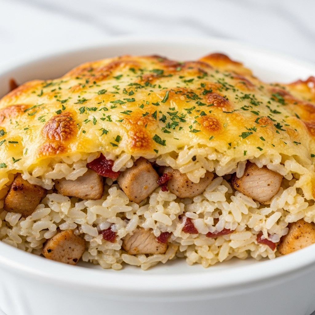 The image shows a close-up of a baked rice dish in a white bowl, featuring layers of creamy cooked rice mixed with small pieces of browned chicken. The dish is topped with a golden-brown melted cheese layer sprinkled with green herbs, giving it a slightly crispy and textured surface. Some small bits of red seasoning or bacon add color contrast throughout the creamy rice, making the dish look rich and comforting. The background is a white marbled texture. photo taken with an iphone --ar 4:5 --v 7