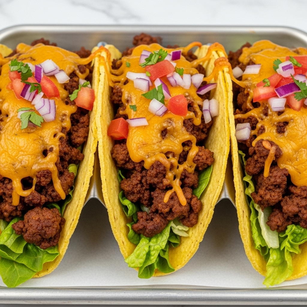 A close-up view of three tacos arranged side by side in a metal tray on a white marbled surface. Each taco has a soft yellow shell holding a bottom layer of green lettuce, topped with a thick layer of cooked, crumbled brown meat. Above the meat, there is a generous layer of melted, golden-brown cheese with a slightly bubbly texture, sprinkled with finely chopped red tomatoes and purple onion pieces, adding pops of color. The tacos look rich and fresh, showing different textures from soft to crisp. Photo taken with an iphone --ar 4:5 --v 7
