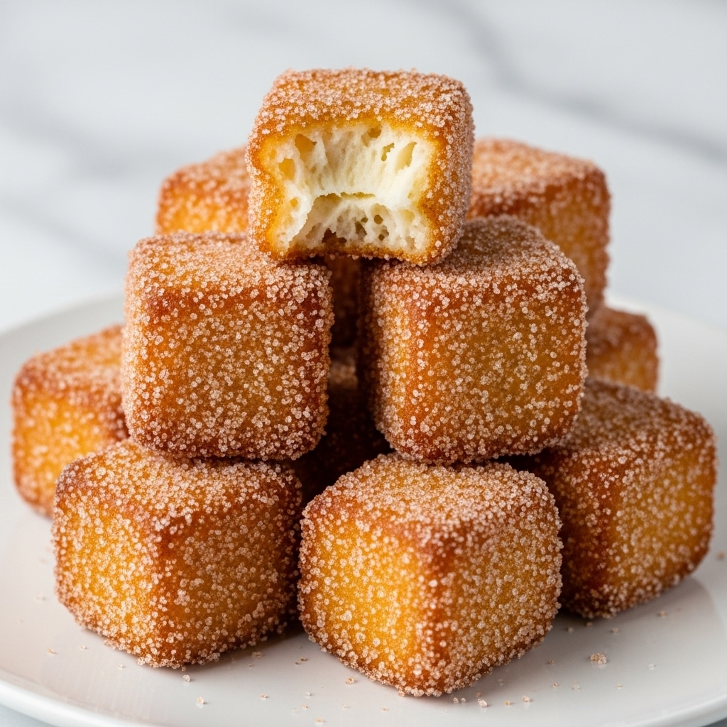 A small pile of golden brown fried cubes covered in sugar and cinnamon is stacked on a white plate. The cubes have a crunchy, slightly rough texture with some granules clearly visible on the surface. One cube on top is broken open, showing a soft, white, fluffy inside. The plate sits on a white marbled surface. Photo taken with an iphone --ar 4:5 --v 7