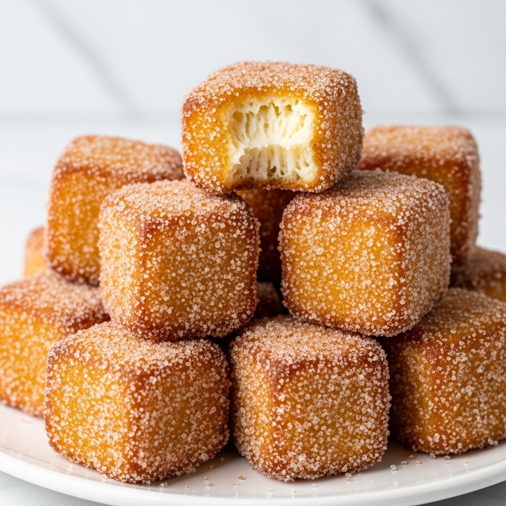 The image shows a pile of golden-brown cubes with a crispy, sugary coating stacked on a white plate. Each cube has a rough texture from the sugar and deep-fried outer layer, revealing a soft, white inside visible in the one cube with a bite taken out. The cubes are closely packed, highlighting their crunchy and sweet surface on top of a white marbled texture background. photo taken with an iphone --ar 4:5 --v 7